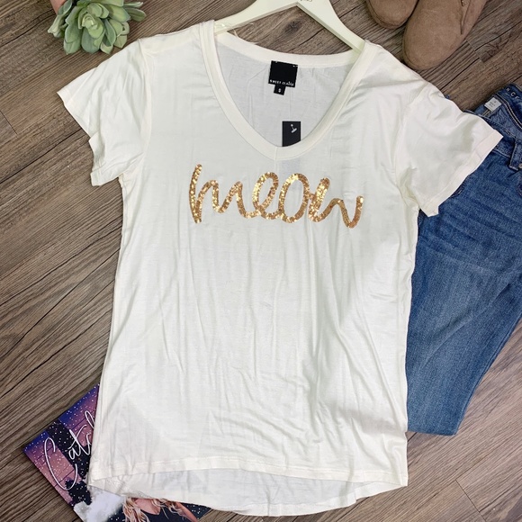 Tops - White Meow Sequin T Shirt